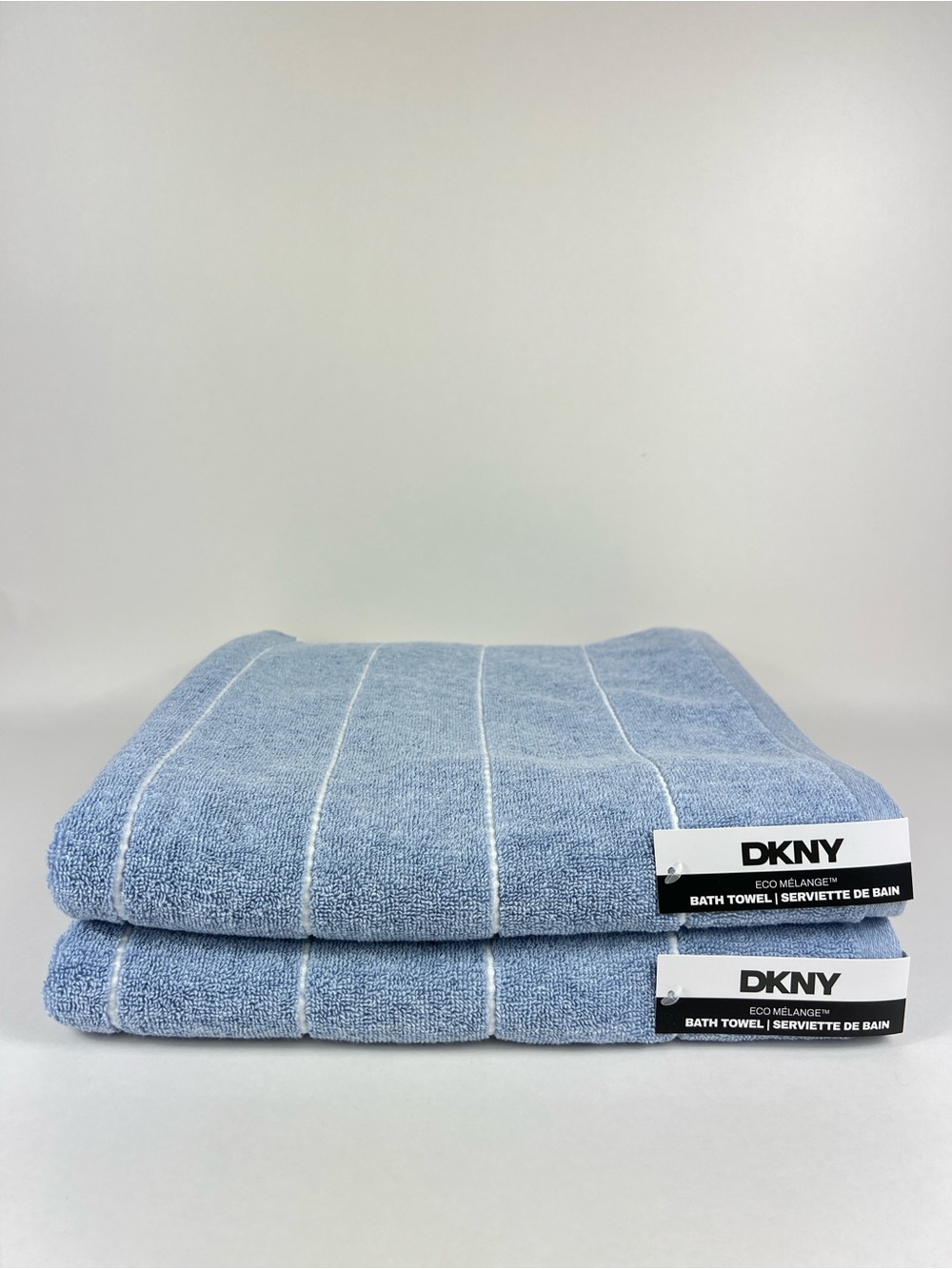 DKNY Bath Towels eco-melange Light Blue White Stripe Soft Cotton Set of 2 NEW